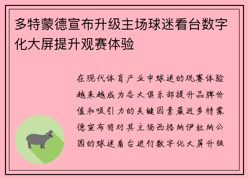 多特蒙德宣布升级主场球迷看台数字化大屏提升观赛体验