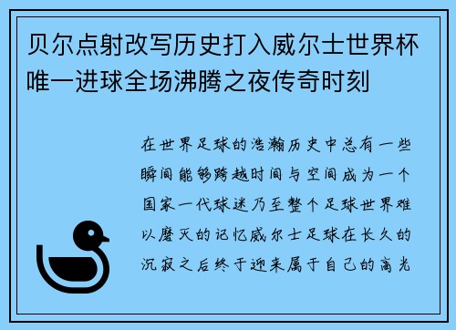 贝尔点射改写历史打入威尔士世界杯唯一进球全场沸腾之夜传奇时刻